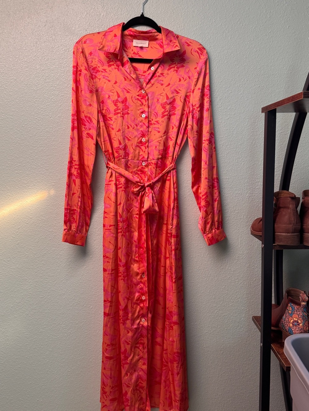 MELLODAY Coral and Pink Floral Long-Sleeve Button-Up Shirt Dress with Tie Belt